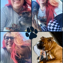 One of them barks, one of them blasts metal. We’ll let you guess who’s who. Lisa and Spencer with Hellion merch outside.