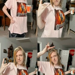 Raven proving metal comes in every color… including pink. Raven wearing a pink Hellion tee.