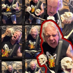 The Scowl That Summons Riffs. A collage featuring Terry Blazer posing with skulls, scowling into the camera.